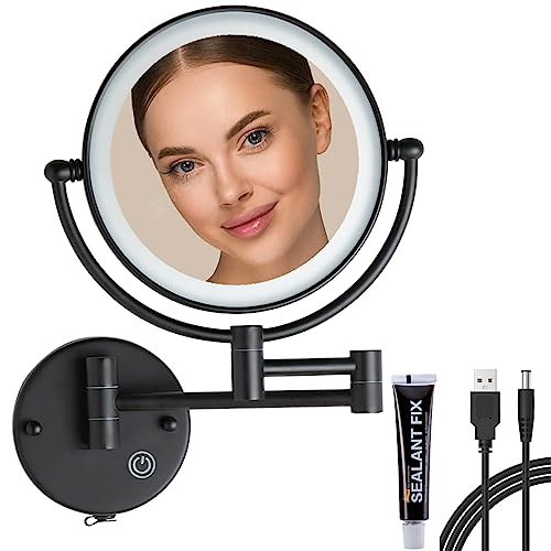 Wall Mounted Makeup Mirror with Light, 5X Magnification, Matte Black | Rechargeable, Extended Arm 360 Rotation,1X/5X, 2 Sided, 8" Bathroom Shaving Vanity, No Pre-Installed Wire, SEALANT FIX - color: Matt Black