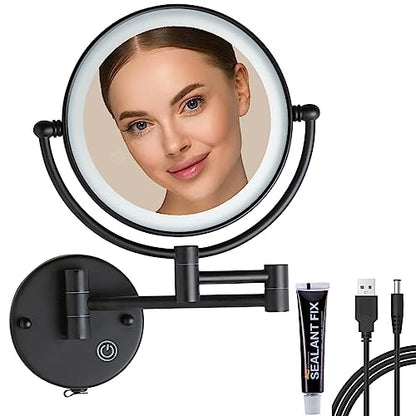 Wall Mounted Makeup Mirror with Light, 5X Magnification, Matte Black | Rechargeable, Extended Arm 360 Rotation,1X/5X, 2 Sided, 8" Bathroom Shaving Vanity, No Pre-Installed Wire, SEALANT FIX - color: Matt Black
