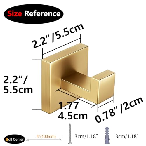 Nolimas Towel Hook Stainless Steel Bathroom Rustproof Clothes Towel Coat Hook Wall Mounted Square Toilet Kitchen, Heavy Duty Door Hanger, 2 Pack, Brushed Gold - color: Brushed Gold, size: 2 Pack