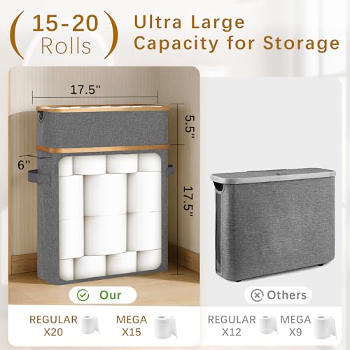 Livole Toilet Paper Storage Basket with Lid & Toilet Tank Basket | Free Standing, Large Capacity for 20 Regular Rolls or 15 Mega Rolls, Dual Handles, Clear Window, Bathroom, Grey - color: Grey