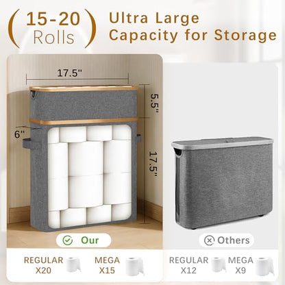 Livole Toilet Paper Storage Basket with Lid & Toilet Tank Basket | Free Standing, Large Capacity for 20 Regular Rolls or 15 Mega Rolls, Dual Handles, Clear Window, Bathroom, Grey - color: Grey