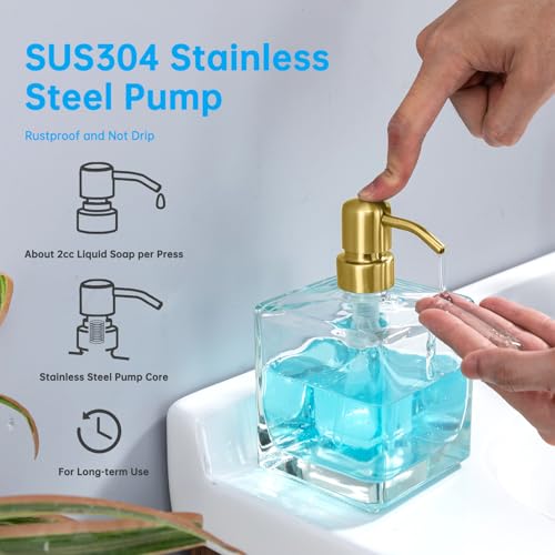 Square Soap Dispenser Brushed Gold Pump, 16.9 oz | Glass Bottle, Stainless Steel Pump, Cube, Large Capacity, Liquid Hand Soap Dispenser Bathroom Kitchen - color: Gold-16.9 Oz