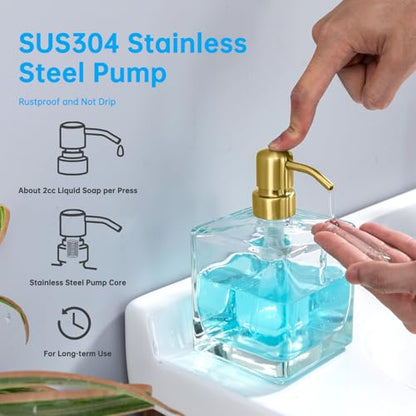Square Soap Dispenser Brushed Gold Pump, 16.9 oz | Glass Bottle, Stainless Steel Pump, Cube, Large Capacity, Liquid Hand Soap Dispenser Bathroom Kitchen - color: Gold-16.9 Oz