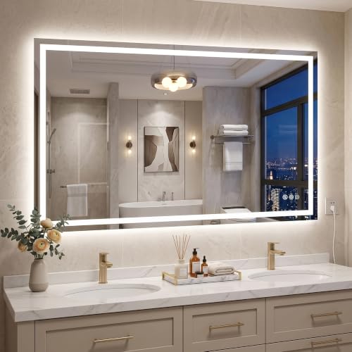 Antok 55x30 LED Bathroom Mirror with Lights, Backlit + Front Lit Vanity Mirror with CRI>90, Dimmable Anti-Fog Smart Mirror with Memory Function, 3 Color Temperatures, Shatterproof Tempered Glass, ETL - color: White (3 Light Modes), size: 55"L x 30"W