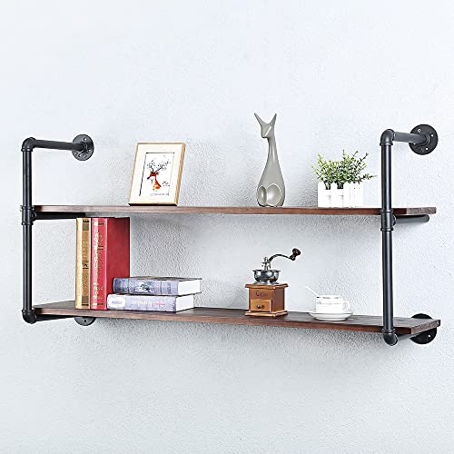 Industrial Pipe Shelves With Wood Planks,Rustic Pipe Shelving Wall Shelf | Metal Pipe Solid Pine Wood,Easy to Assemble,Wooden Board Thickness 0.78 In,For Bar Farmhouse Kitchen Office Bathroom,Bedroom - color: 2-layer, size: 48in