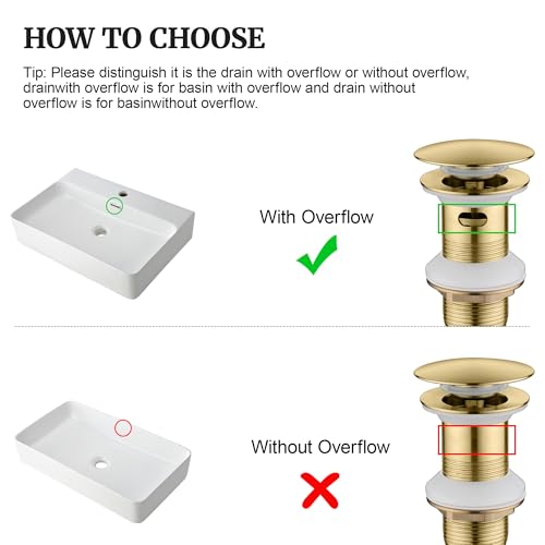 Pop up Sink Drain Stopper with Overflow Brushed Gold for Bathroom Vessel Vanity Sink Art Basin, Big Cap Sink Drain with Overflow, Metal Pop-up Drain Strainer with Detachable Basket Stopper - color: Gold Brushed, style: with overflow