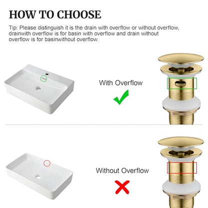 Pop up Sink Drain Stopper with Overflow Brushed Gold for Bathroom Vessel Vanity Sink Art Basin, Big Cap Sink Drain with Overflow, Metal Pop-up Drain Strainer with Detachable Basket Stopper - color: Gold Brushed, style: with overflow