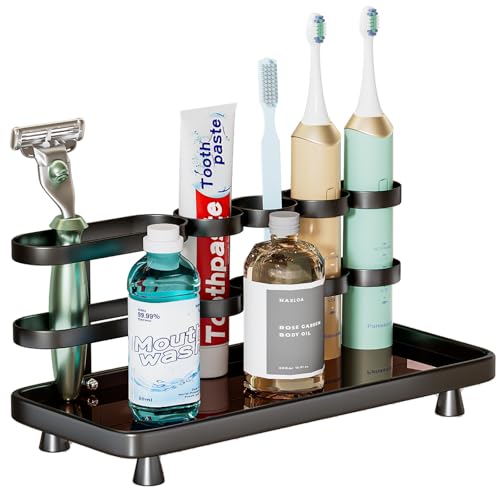 YOOLENS Electric Toothbrush Holder for Bathroom Countertop 5 Metal Slots Toothpaste Razor Mouthwash Organizer, Black - color: Black