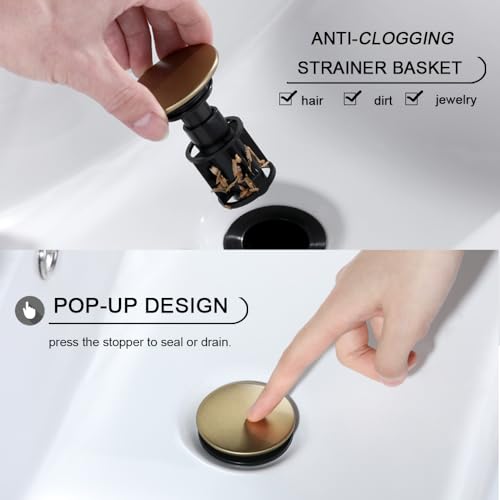Bathroom Sink Drain, Pop Up Drain Stopper with Overflow, Lavatory Vanity Vessel Sink Drain Assembly, Brushed Gold - color: Brushed Gold