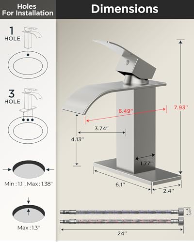 FORIOUS Bathroom Faucet 1 Hole, Waterfall Vanity Sink Faucet Brushed Nickel | Bathroom Sink Faucet 1 or 3 Hole, Square Single Handle with 24" cUPC Supply Line and Pop-up Drain, Fits RV Restroom Basin - color: Stainless Steel