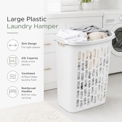 Large Plastic Laundry Hamper, White, Slim Rectangular(2-Pack) | Reinforced Handles, Space-Saving Design, 20x13x24 Inches, Durable Construction, For Bathroom & Dorm, Ventilated,