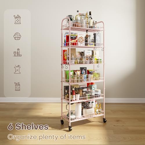 6 Tier Slim Rolling Storage Cart with Wheels, Metal Mobile Shelving Unit Organizer Utility Cart for Office Bathroom Kitchen Laundry Room Narrow Places (Pink 10 Inches) - size: Pink 10 Inches