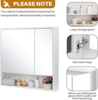 ALIMORDEN Medicine Cabinet with Mirror and Shelves, Bathroom Wood Wall Cabinet Over The Toilet, Vanity, Recessed or Surface Mount, 30.07 Inch x 30 Inch, White - color: White