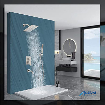 Aolemi Shower Faucet Set with Tub Filler Handheld 8" Head Brushed Nickel | Shower Valve and Trim Kit,Handheld Spray,Tub Spout,Single Handle,SUS304,Bathroom Mixer for Remodeling - color: Nickel, size: 8 Inch Shower Head