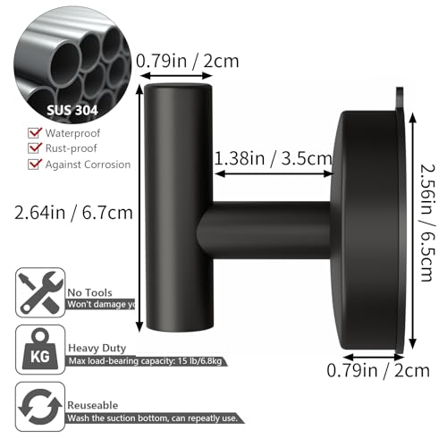 DGYB Large Suction Cup Hooks for Shower Set of 4 - Black Towel Hooks for Bathrooms - Stainless Steel Removable Wall Hooks - 15 Lb Heavy Duty Hanging - color: 4 Pack-Matte Black