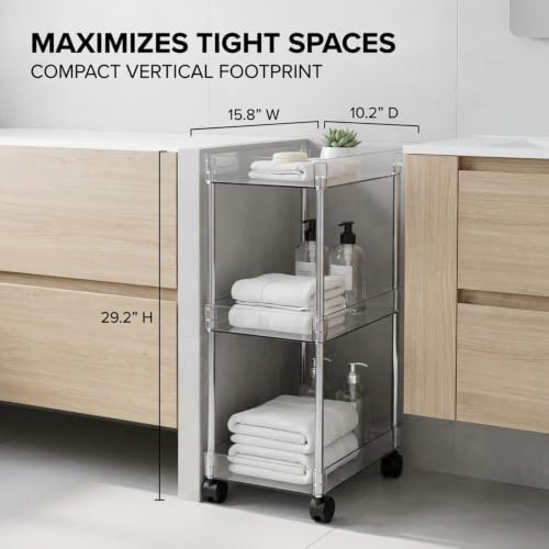 American Dream Acrylic 3-Tier Rolling Cart with Wheels, Chrome & Clear Utility Storage Trolley, Mobile Organizer for Kitchen, Bathroom & Office - size: Large