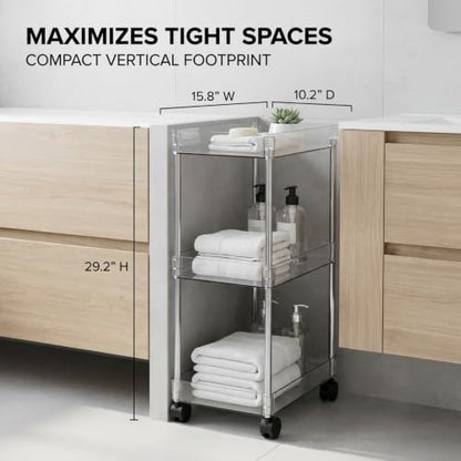 American Dream Acrylic 3-Tier Rolling Cart with Wheels, Chrome & Clear Utility Storage Trolley, Mobile Organizer for Kitchen, Bathroom & Office - size: Large