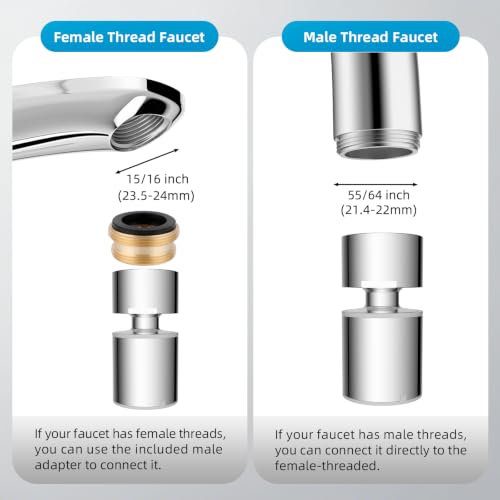 Hibbent cUPC Certified 2-function 360° Swivel Sink Aerator, Chrome | NSF/ANSI/CAN 61 Certified High Flow Faucet Extender with Metal Adapter for Kitchen & Bathroom, 55/64” Female Thread - color: Chrome