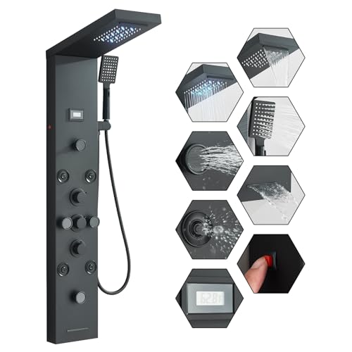 FUZ Shower Panel Tower System, Stainless Steel 6 IN 1 Shower Panel System with LED Fancy Rain Shower Head and Handheld, Adujstable Rainfall Massage Body Jets and Tub Spout, Matte Black Shower Tower - color: Black, style: 8109-B