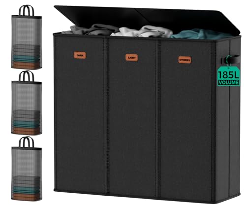 185L Laundry Hamper 3 Section with Lid & Removable Bags | Collapsible laundry basket organizer for laundry room, bedroom & dorm with 3 removable washing bags - color: Black, size: 185L - 3 Section