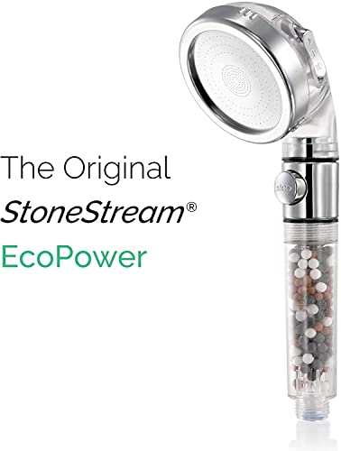 Original StoneStream Filtered Shower Head, Eco Power High Pressure Water Softener Showerhead with ON/OFF switch and Spa like Ionic beads for Dry Skin & Hair — 3 Spray Settings - style: 3-Setting Shower Head
