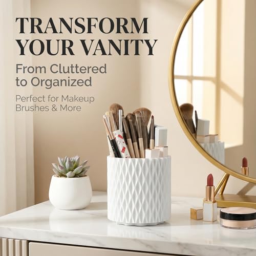 White Makeup Brush Holder, 360° Rotating Makeup Organizer | 5-slot spinning organizer for vanity, bathroom & desk — holds 30-50 makeup brushes, lipstick, hair brush & art supplies - style: White
