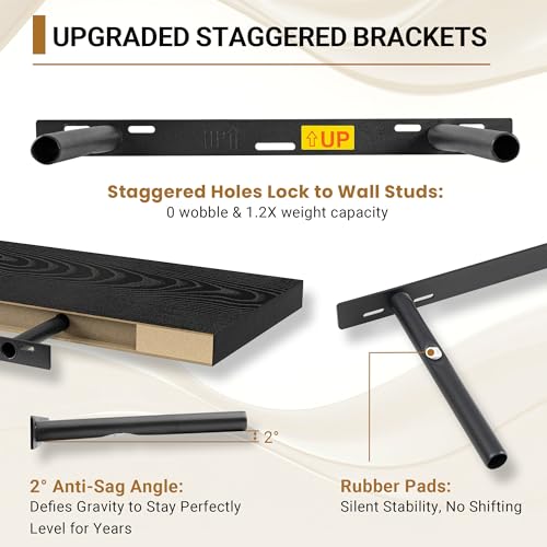Vivelove Black Floating Shelves 12 Inch Deep, 16 X 12 Inch, Set of 2 | Invisible Brackets, Easy Mount Shelf with Hardware Kit, for Bathroom Bedroom Living Room Kitchen, Engineered Wood - color: Black, size: 16”wx12”dx1.5”h