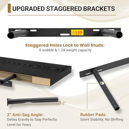 Vivelove Black Floating Shelves 12 Inch Deep, 16 X 12 Inch, Set of 2 | Invisible Brackets, Easy Mount Shelf with Hardware Kit, for Bathroom Bedroom Living Room Kitchen, Engineered Wood - color: Black, size: 16”wx12”dx1.5”h