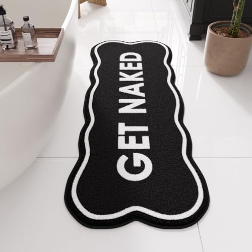 BSSN Get Naked Bath Mat, Cute Black Bathroom Rug Runner, 18" x 47" Large Microfiber Shaggy Bath Mat - Ultra Absorbent, Non-Slip, Machine Washable Fun Aesthetic Decor Rug for Tub, Shower, Vanity - color: Black