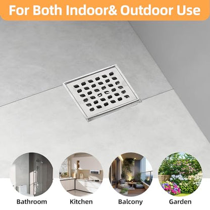 4-Inch Square Shower Drain Kit with Bonding Flange, Brushed Silver | Removable 304 stainless steel grate with hair strainer; fits 2- and 3-inch pipes for tiled shower floors and wet areas - size: 4in-Brushed Stainless Steel