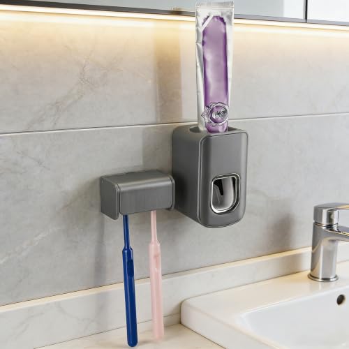 Toothbrush Holder Wall Mounted with Cover for Bathroom, 2 Slots Toothbrush Storage Organizer for Shower, Self Adhesive Toothbrush Hanger with Automatic Toothpaste Squeezer Dispenser