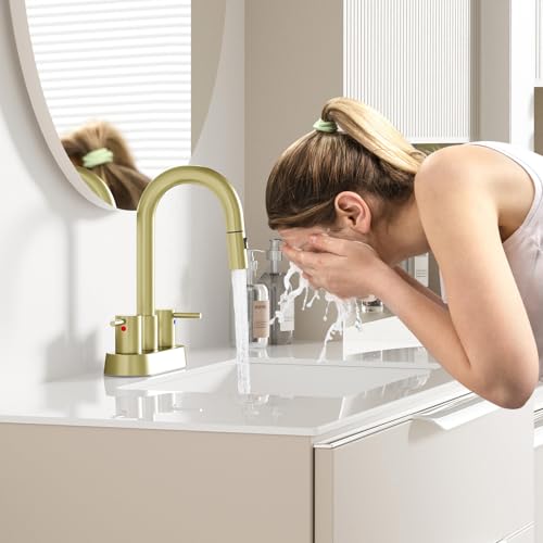 Brushed Gold Bathroom Faucet with Pull Out Sprayer, Dual-Function Spout Gold Bathroom Sink Faucets, 4 Inch Two Handle Utility Sink Faucet with Sprayer 3 Hole, Easy Pet Shower, RVs - color: Gold