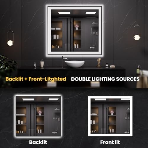 LOAAO 40"X36" LED Bathroom Mirror Black Framed | Anti-Fog, Dimmable, Memory Function, Tempered Glass, Lighted Vanity Mirror for Wall - size: 40"L x 36"W