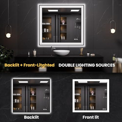 LOAAO 40"X36" LED Bathroom Mirror Black Framed | Anti-Fog, Dimmable, Memory Function, Tempered Glass, Lighted Vanity Mirror for Wall - size: 40"L x 36"W