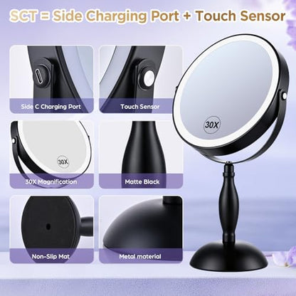 30X Magnifying Mirror with Lights-Matte Black 8" Dual Sided | (1X/30X) Lighted Makeup Mirror, 360° Swivel, 5000mAh Rechargeable Side Touch & Side Charging, 3 Colors & Dimmable Brightness - color: Matte Black