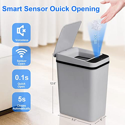 Anborry Smart Touchless Bathroom Trash Can 2.2 Gallon Automatic Motion Sensor Rubbish Can with Lid Electric Narrow Small Garbage Bin for Kitchen, Office, Toilet, Bedroom (Grey) - color: 2.2 Gallon Grey