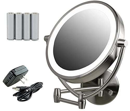 Ovente 9.5" Lighted Wall Mount Makeup Mirror, 1X & 10X Magnifier, Spinning Double Sided Round LED Dimmer Switch, Extend, Retractable & Folding Arm, Battery USB Powered Nickel Brushed MLW45BR1X10X - color: Nickel Brushed, size: 13.4"L x 3.4"W, style: 10X M