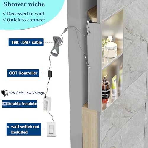 Brushed 2-Tier 3 CCT LED Niche, 12"x24" No-Tile Shower Storage | shower niche with 3-Temperature LED Strip Light (4000K/6000K/3000K),Waterproof, Sturdy&Durable,304 Stainless Steel Wall Niche - color: Brushed, size: 12X24In