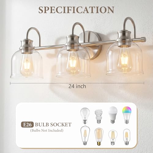 URSOLA 3 Lights 24" Bathroom Vanity Light Fixtures, Brushed Nickel Traditional Classic Vanity Light with Clear Glass, Bathroom Lighting Fixtures Over Mirror - color: Brushed Nickel, size: 3 Lights