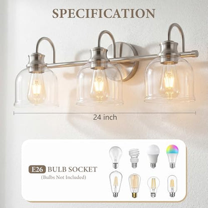 URSOLA 3 Lights 24" Bathroom Vanity Light Fixtures, Brushed Nickel Traditional Classic Vanity Light with Clear Glass, Bathroom Lighting Fixtures Over Mirror - color: Brushed Nickel, size: 3 Lights