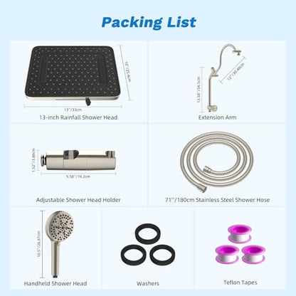 Hibbent cUPC Certified High Pressue 13'' Rainfall Shower Head with 5-Spray | Shower Heads with Handheld 10-Spray Combo, All Metal Easy Reach 4-way Diverter Arm, 71'' Hose & Holder, Brushed Nickel - color: Brushed Nickel, style: Square 13"