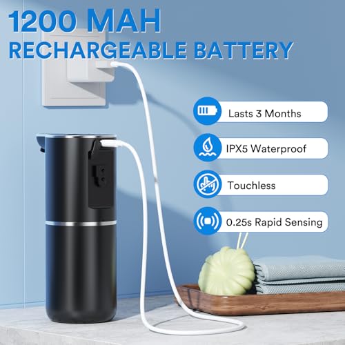 Automatic Foaming Soap Dispenser Touchless, Rechargeable Electric Hand ＆ Dish Soap Dispenser for Bathroom and Kitchen - Smart Digital Display, 6 Adjustable Level, 380ml, Wall Mounted, IPX5 - color: Black, style: Foam