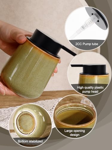 INGOFIN Ceramic Lotion Dispenser - 12 oz Refillable Hand Soap Dispenser Bathroom, Modern Liquid Soap Dispenser with Pump, Dish Dispenser for Kitchen,Kiln-Glazed Earthy Yellow-Brown - color: Yellow Brown