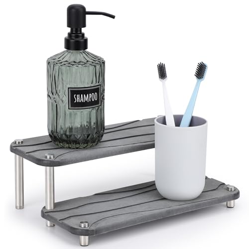 Segbeauty 2 Tier Fast Drying Diatomaceous Earth Tray, 11x4.3in Water Absorbing Stone Drying Vanity Tray for Countertop, Bathroom Counter Rack Kitchen Sink Organizer Dish Soap Sponge Holder Dark Gray - color: Dark Gray