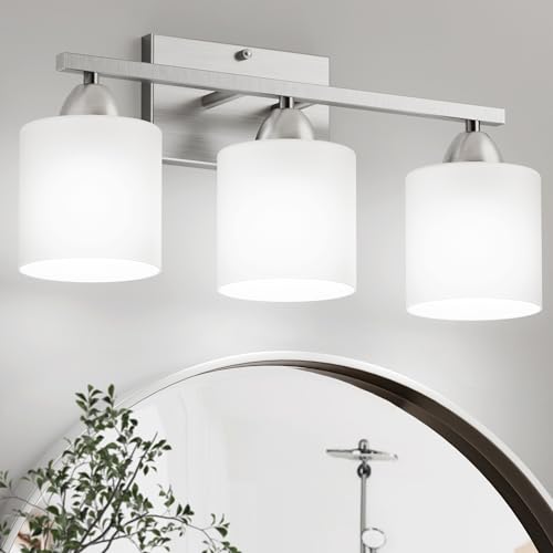 Bathroom Lighting Fixtures Over Mirror Brushed Nickel, Anti-Rust 3-Light Bathroom Vanity Lights, Modern 18Inches Wall Sconces E26 Base, Milky White Glass Shades, Bulbs Not Included - color: Brushed Nickel-3Light