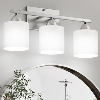 Bathroom Lighting Fixtures Over Mirror Brushed Nickel, Anti-Rust 3-Light Bathroom Vanity Lights, Modern 18Inches Wall Sconces E26 Base, Milky White Glass Shades, Bulbs Not Included - color: Brushed Nickel-3Light