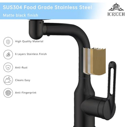 Bathroom Sink Faucet 1 Hole, Matte Black Multifunctional Basin Faucet with 4 Water Outlet Modes, Modern 360°Rotatable Bar Tap with Two Water Supply Pipes - color: Matte Black