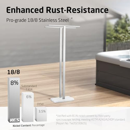 KES 43'' H Standing Towel Rack for Bathroom, Weighted Marble Base | Fits Large Bath Sheet, Freestanding Floor, 2-Tier, Outdoor, Extra High, Thick 18/8 Stainless Steel Brushed Finish, BTH232-2