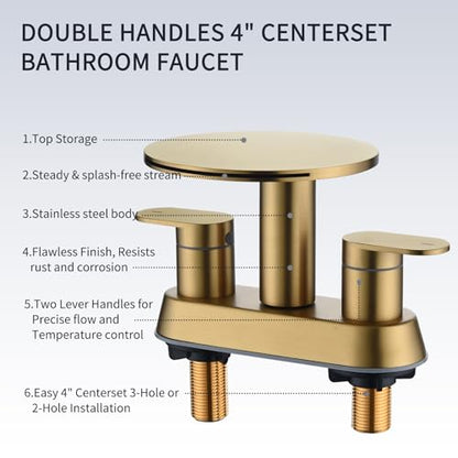 Brushed Gold Bathroom Sink Faucet 3 Hole | Waterfall Bathroom Faucet 4 Inch Centerset with Pop-Up Drain，2 Handle Stainless Steel Faucets for Bathroom Sink Vanity RV
