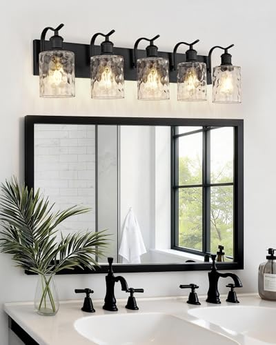 Bathroom Vanity Light Fixtures 5-Light Hammered Glass Modern Wall Mounted Over Mirror Black - VL01BKH-5 - color: Black & Hammered Glass, size: 5 LIGHT